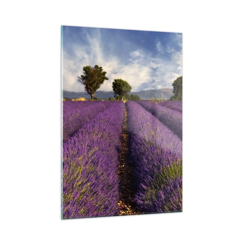 Cuadro sobre vidrio - Impresiones sobre Vidrio - Un campo de lavanda con árboles y un fondo de montañas. - 50x70cm - Campos de lavanda - Decoración de pared moderna para salón y dormitorio ARTTOR