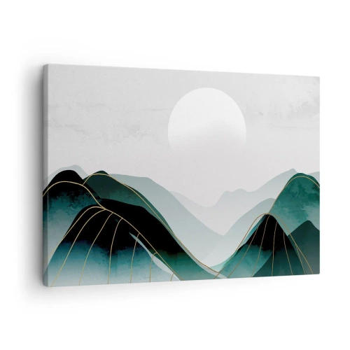 Cuadro sobre lienzo - Impresión de Imagen - Paisaje montañoso abstracto con la luna y líneas doradas. - 70x50cm - Con toda la majestuosidad - Decoración de pared moderna para salón y dormitorio ARTTOR