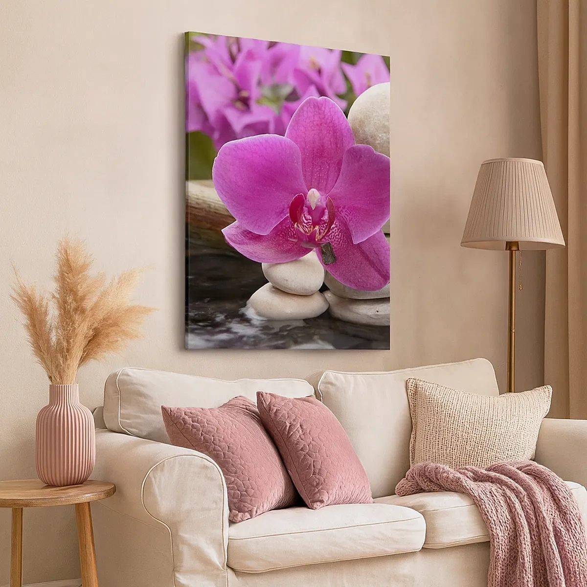 Cuadro sobre lienzo - Impresión de Imagen - Orquídea morada, piedras y bambú con agua en un entorno relajante. - 50x70cm - Ya estás descansando - Decoración de pared moderna para salón y dormitorio ARTTOR