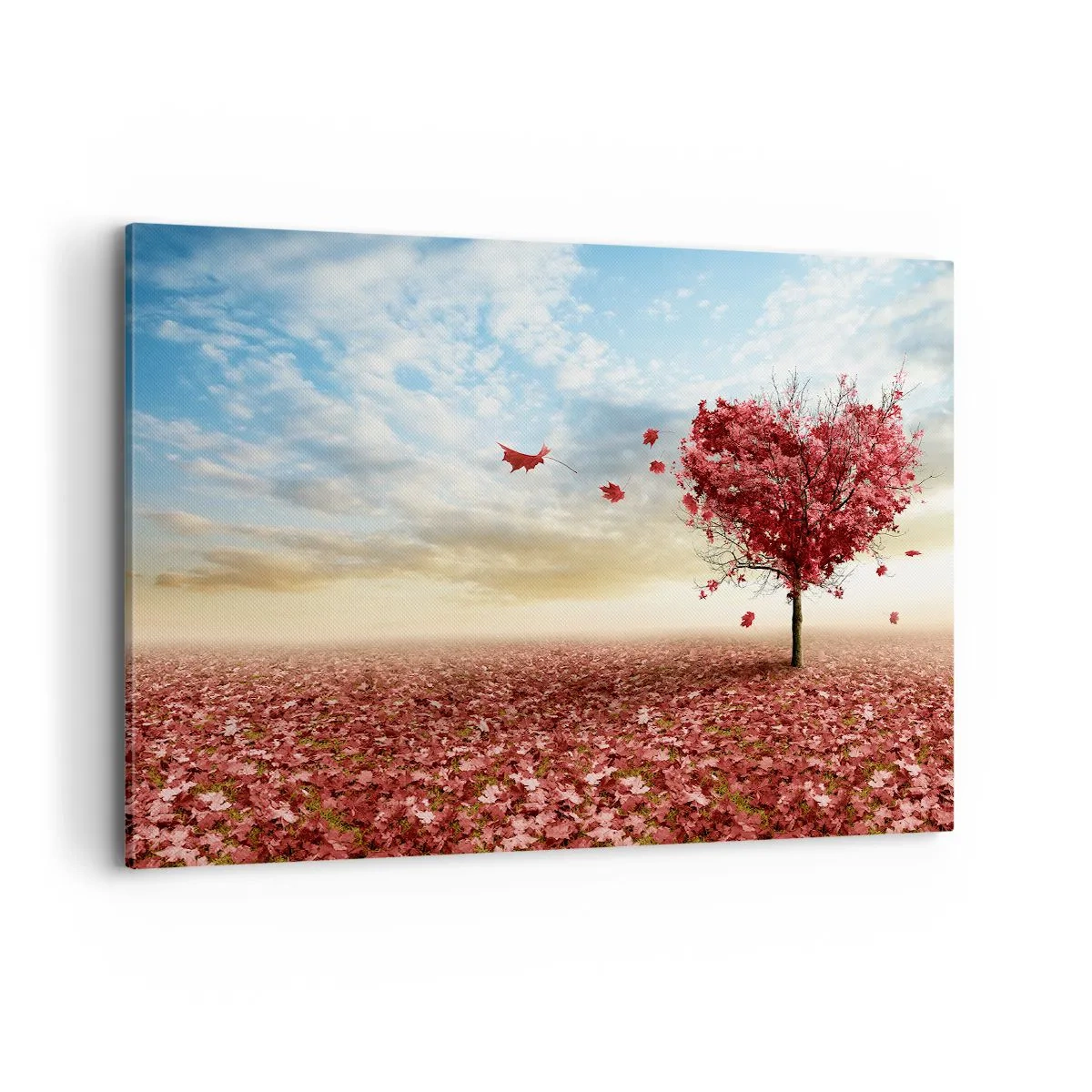 Cuadro sobre lienzo - Impresión de Imagen - Un árbol solitario en forma de corazón en un campo de hojas rojas. - 100x70cm - Amor de otoño - Decoración de pared moderna para salón y dormitorio ARTTOR