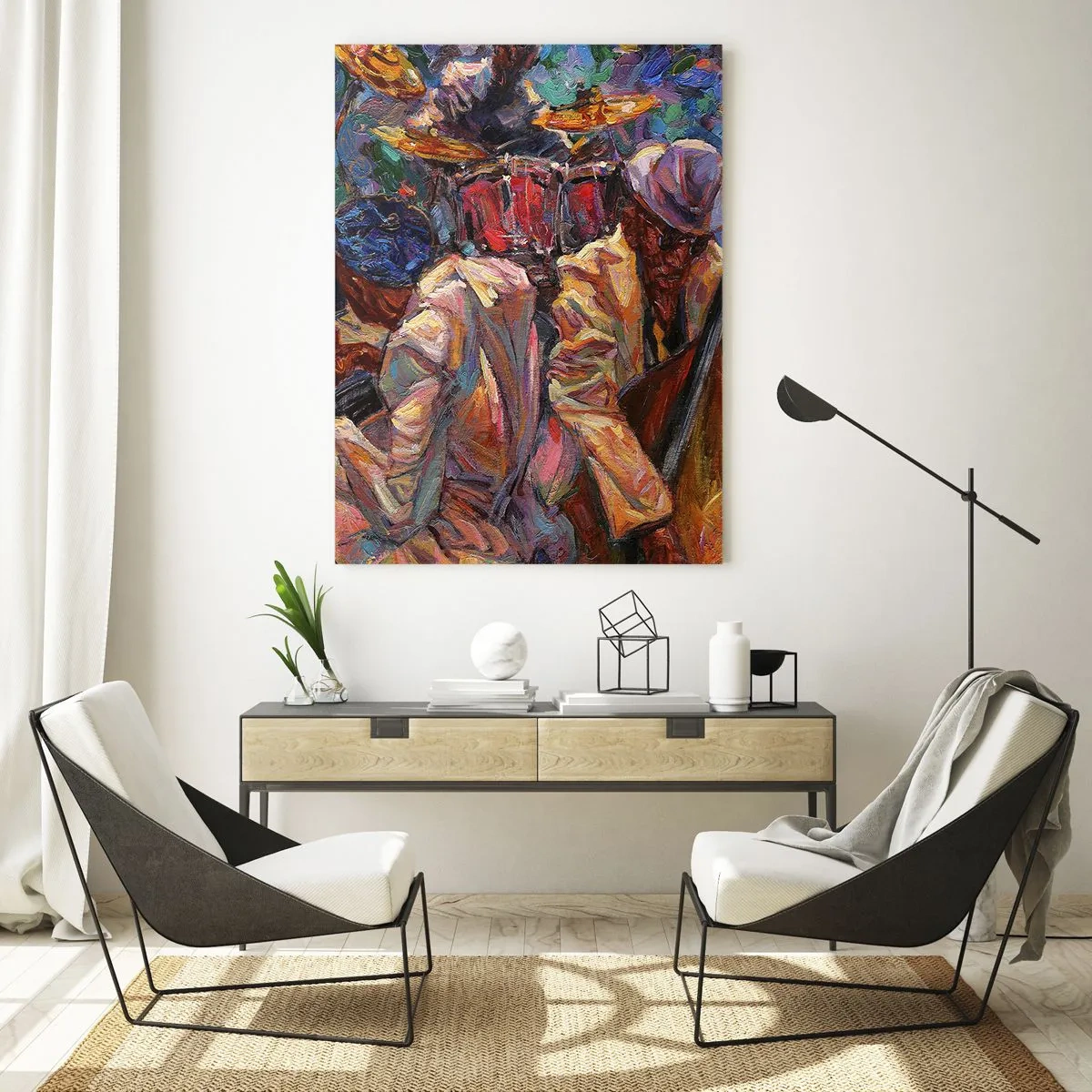Cuadro sobre vidrio - Impresiones sobre Vidrio - Escena de jazz enérgica con músicos e instrumentos. - 70x100cm - En un ritmo mágico - Decoración de pared moderna para salón y dormitorio ARTTOR