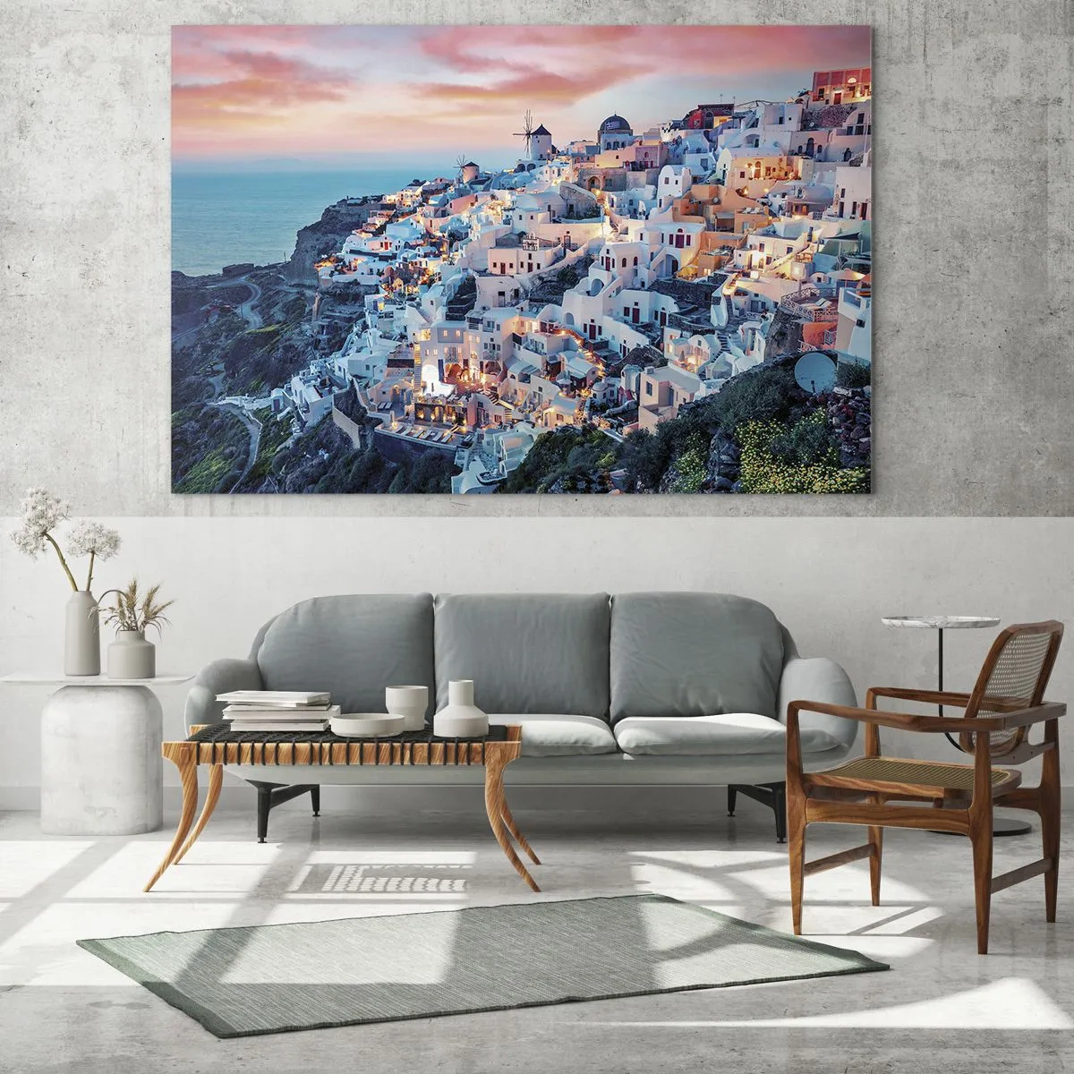 Cuadro sobre vidrio - Impresiones sobre Vidrio - Ciudad griega en un acantilado al anochecer con vistas al mar - 120x80cm - Vacaciones en Grecia - Decoración de pared moderna para salón y dormitorio ARTTOR