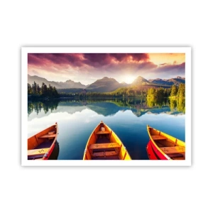 Póster - Tres barcos de madera con el telón de fondo de un lago de montaña al atardecer - 100x70cm - Frente a la naturaleza - Decoración de pared moderna para salón y dormitorio ARTTOR