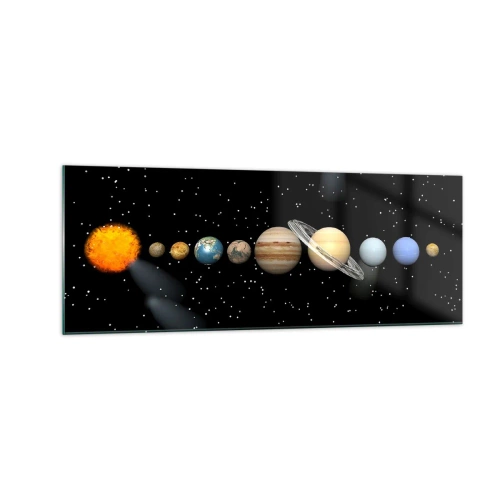 Cuadro sobre vidrio - Impresiones sobre Vidrio - El sistema solar con planetas sobre un fondo de estrellas en el espacio. - 140x50cm - Los planetas en armonía - Decoración de pared moderna para salón y dormitorio ARTTOR