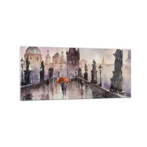 Cuadro sobre vidrio - Impresiones sobre Vidrio - Vista romántica de un puente con un paraguas con el telón de fondo de una ciudad al atardecer. - 120x50cm - La gente no cambia - Decoración de pared moderna para salón y dormitorio ARTTOR