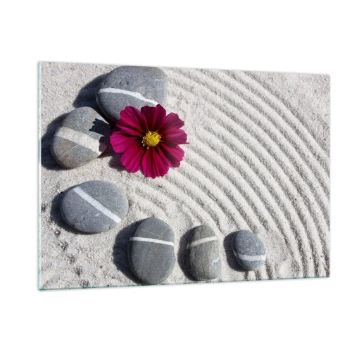 Cuadro sobre vidrio - Impresiones sobre Vidrio - Piedras con rayas blancas y una flor morada sobre la arena en estilo zen. - 120x80cm - Energía y paz del círculo mágico de la naturaleza - Decoración de pared moderna para salón y dormitorio ARTTOR