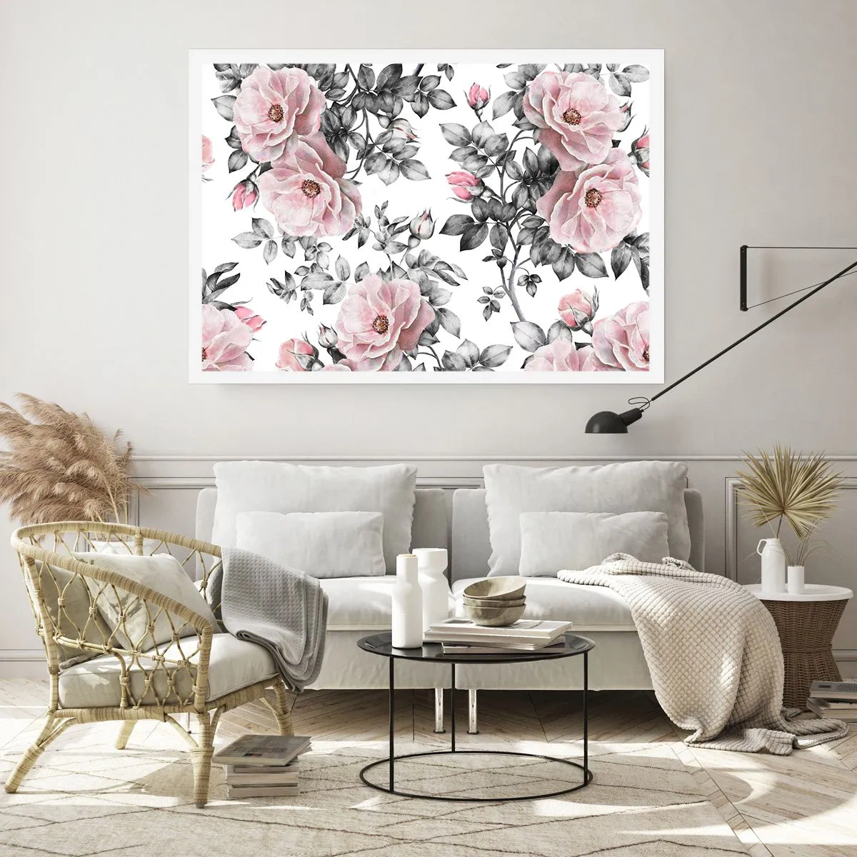 Póster - Rosas rosas y hojas sobre un delicado fondo blanco y negro. - 100x70cm - Entre las rosas - Decoración de pared moderna para salón y dormitorio ARTTOR