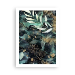 Póster - Hojas verdes y acentos dorados sobre un fondo oscuro. - 50x70cm - Jardín encantado - Decoración de pared moderna para salón y dormitorio ARTTOR