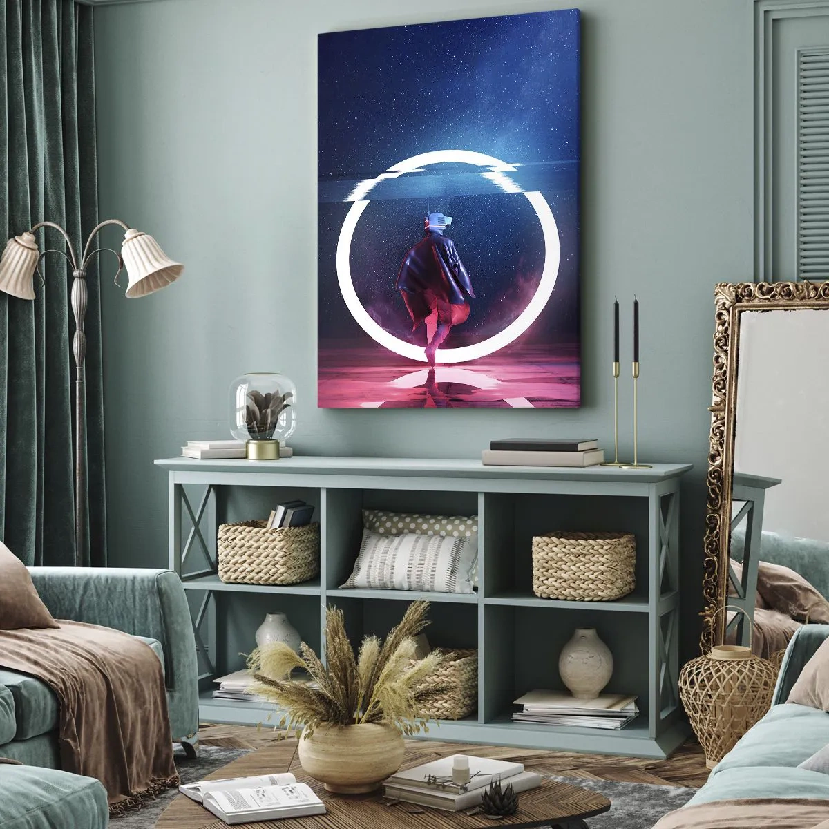 Cuadro sobre lienzo - Impresión de Imagen - Un personaje en un entorno futurista con un círculo de neón. - 50x70cm - Entre mundos - Decoración de pared moderna para salón y dormitorio ARTTOR