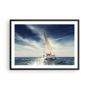 Póster en marco negro - Un velero en un mar tempestuoso bajo un cielo azul. - 70x50cm - ¡No nos alcanzarán! - Decoración de pared moderna para salón y dormitorio ARTTOR