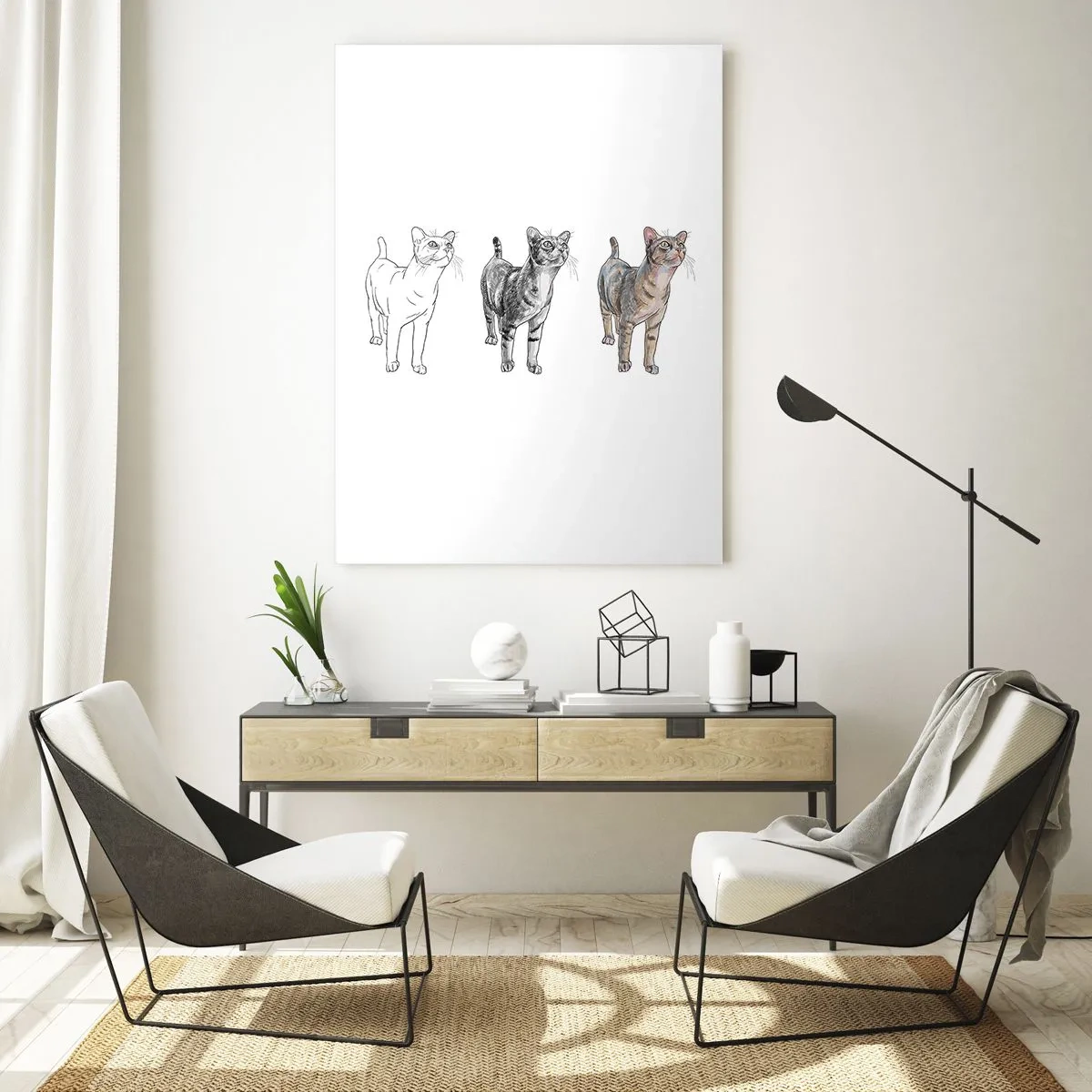 Cuadro sobre vidrio - Impresiones sobre Vidrio - La evolución del dibujo de un gato desde el boceto hasta la forma coloreada - 70x100cm - Lección de dibujo - Decoración de pared moderna para salón y dormitorio ARTTOR