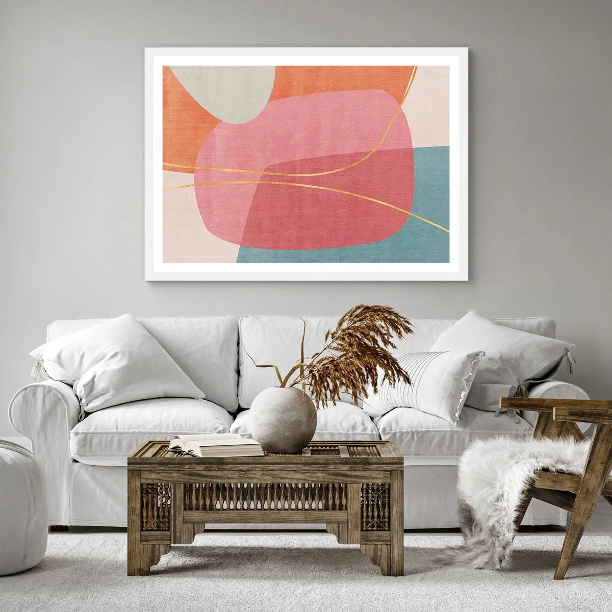 Póster en marco blanco - Composición en pastel con hilos de oro - 40x40 cm