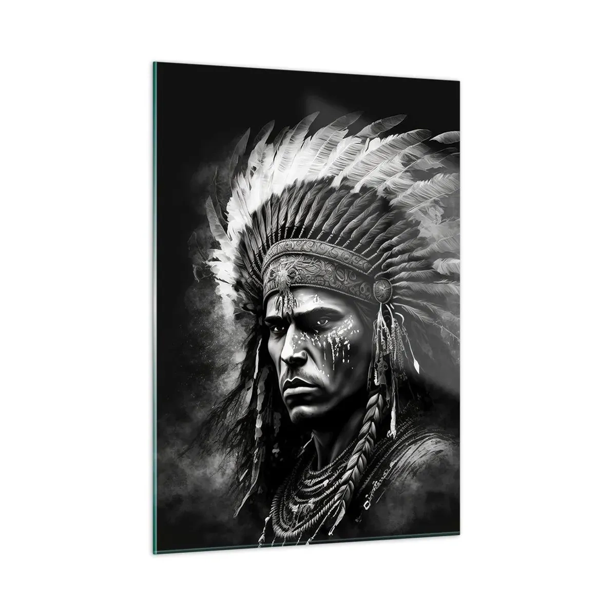 Cuadro sobre vidrio - Impresiones sobre Vidrio - Retrato en blanco y negro de un guerrero con un tocado de plumas. - 50x70cm - Líder y guerrero - Decoración de pared moderna para salón y dormitorio ARTTOR