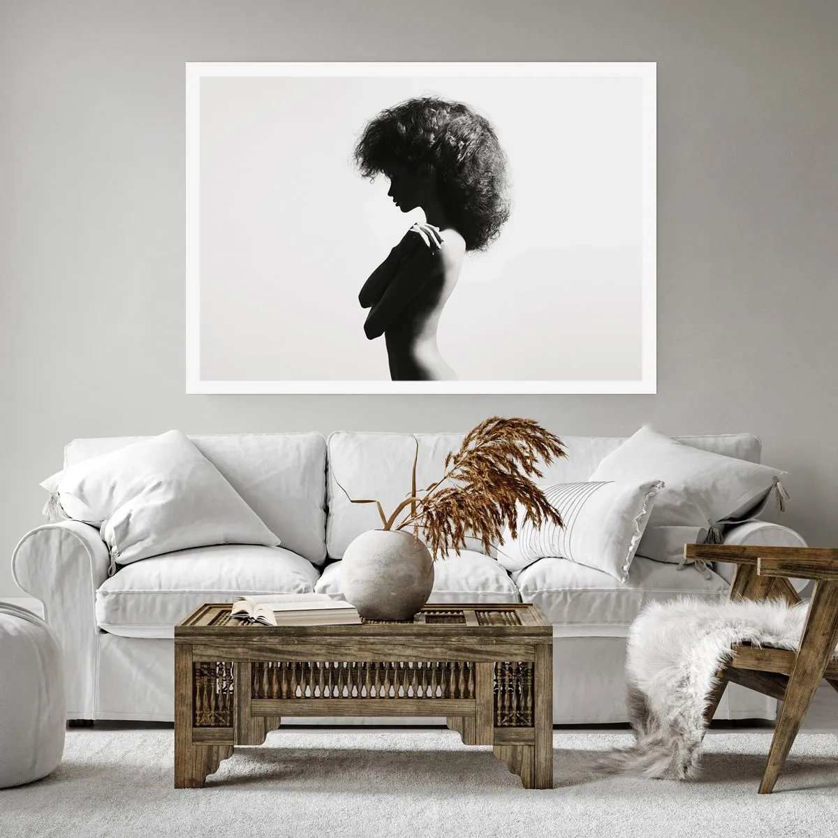 Póster - Una silueta sutil de una mujer en tonos blanco y negro sobre un fondo claro. - 100x70cm - Como una flor en un tallo delgado - Decoración de pared moderna para salón y dormitorio ARTTOR