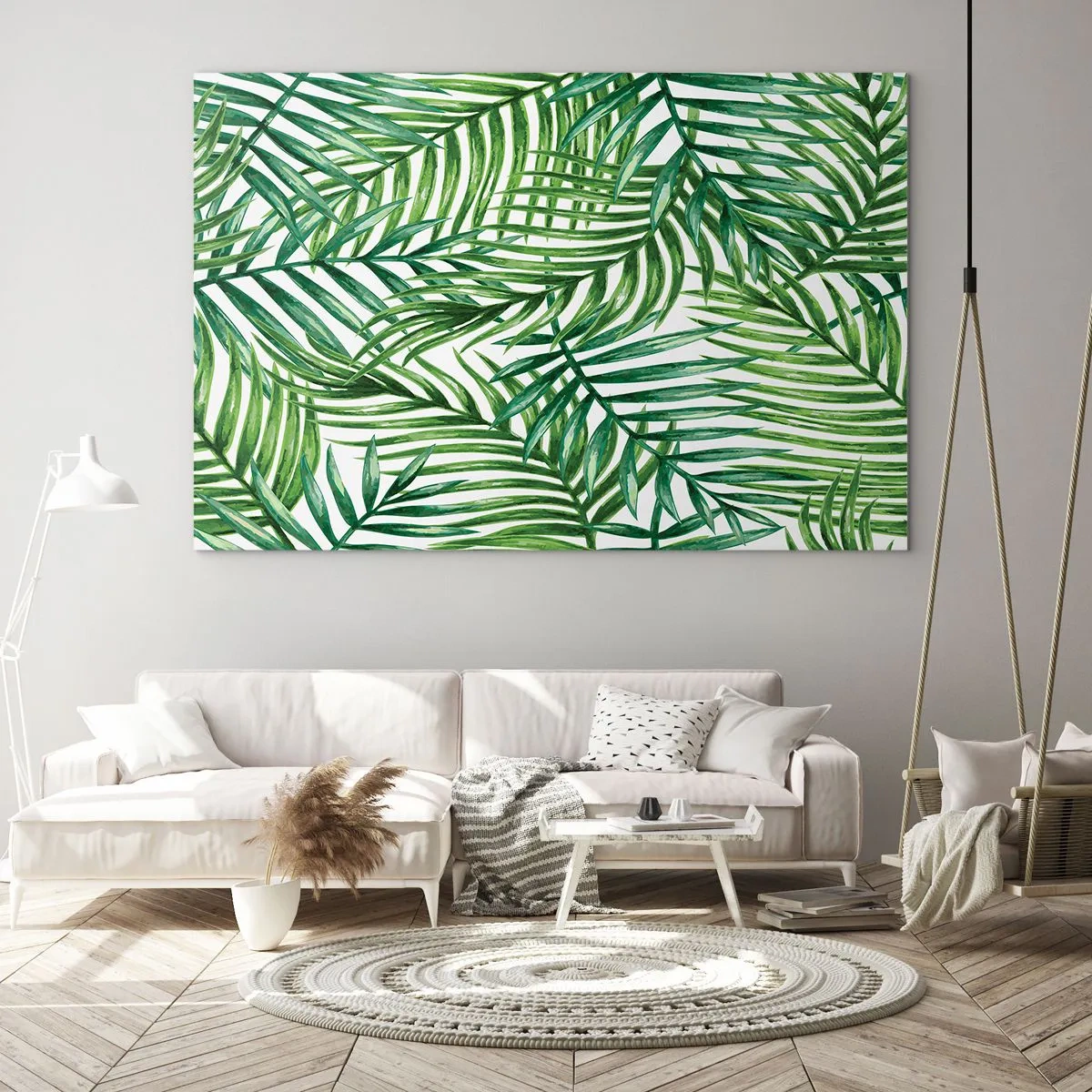 Cuadro sobre vidrio - Impresiones sobre Vidrio - Hojas de palma verdes sobre un fondo blanco que crean un patrón geométrico. - 70x50cm - Bajo el verde - Decoración de pared moderna para salón y dormitorio ARTTOR