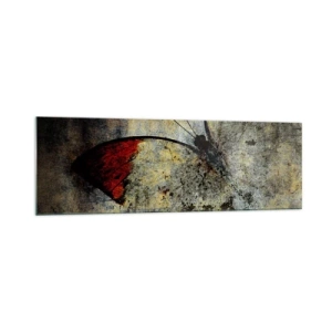 Cuadro sobre vidrio - Impresiones sobre Vidrio - Una mariposa en tonos rojos y grises sobre un fondo texturizado. - 160x50cm - Mira antes de que desaparezca - Decoración de pared moderna para salón y dormitorio ARTTOR