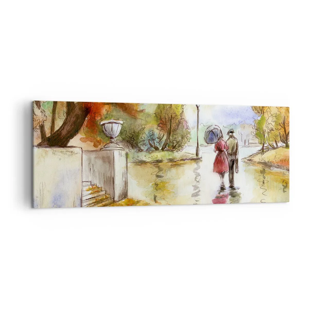 Cuadro sobre lienzo - Impresión de Imagen - Un paseo por el parque de otoño con un paraguas. - 140x50cm - Un otoño romántico en el parque - Decoración de pared moderna para salón y dormitorio ARTTOR