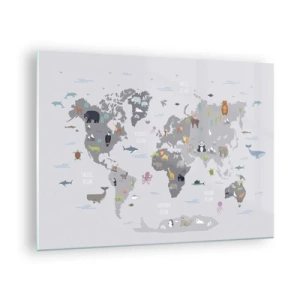 Cuadro sobre vidrio - Impresiones sobre Vidrio - Mapa del mundo ilustrado con animales característicos - 70x50cm - Dime de dónde eres... - Decoración de pared moderna para salón y dormitorio ARTTOR