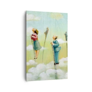 Cuadro sobre lienzo - Impresión de Imagen - Figuras subiendo escaleras entre nubes sobre un fondo pastel. - 80x120cm - Sigue tu sueño - Decoración de pared moderna para salón y dormitorio ARTTOR