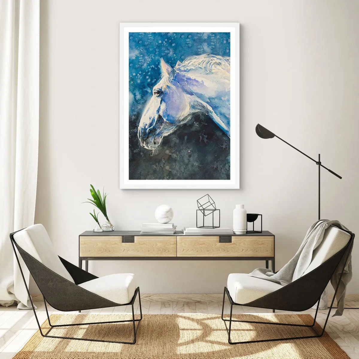 Póster en marco blanco - Retrato en un resplandor azul - 30x40 cm