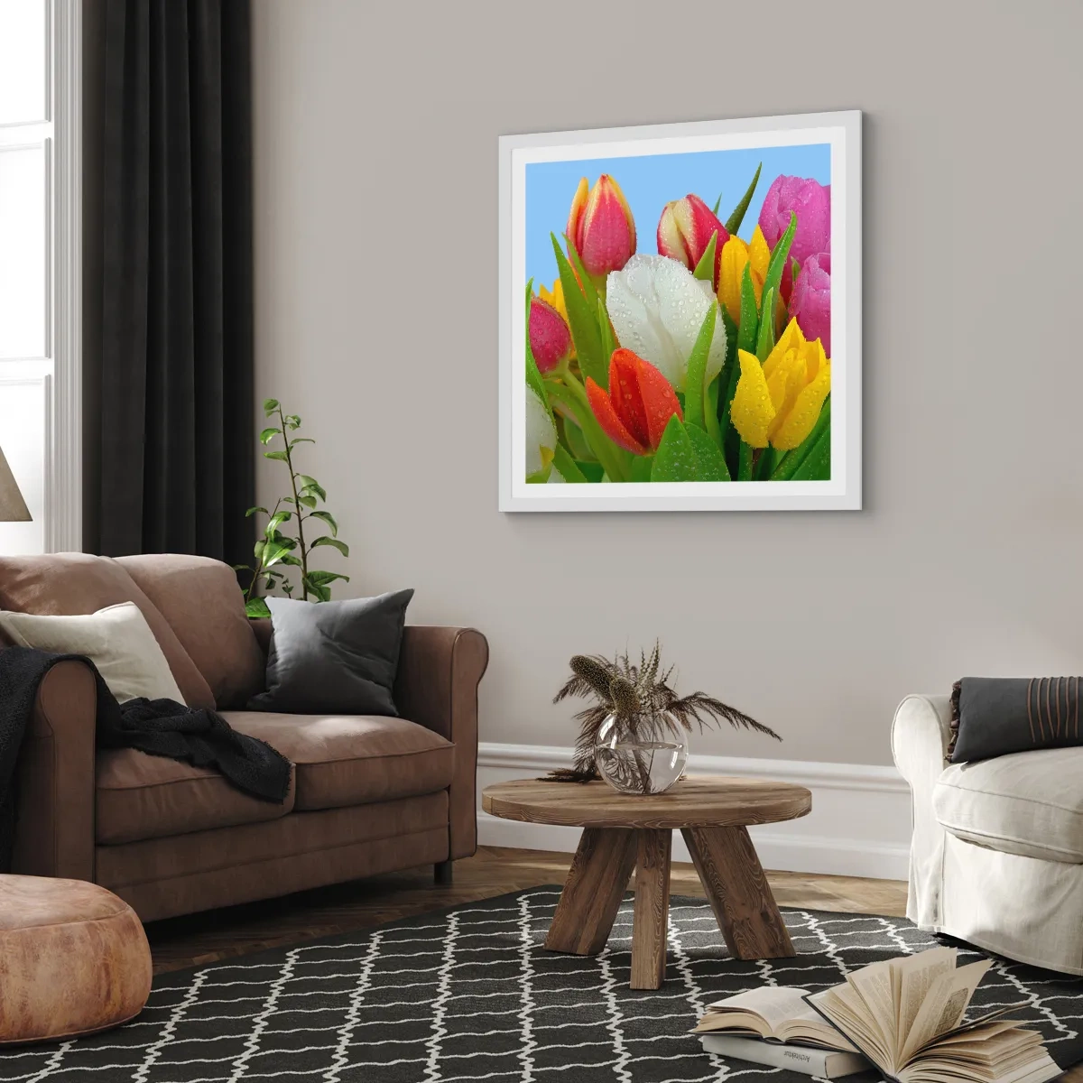 Póster en marco blanco - Arco iris floral en gotas de rocío - 60x60 cm