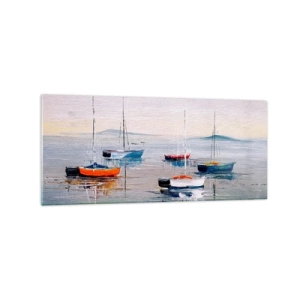 Cuadro sobre vidrio - Impresiones sobre Vidrio - Barcos coloridos en aguas tranquilas - 120x50cm - Un más que merecido descanso - Decoración de pared moderna para salón y dormitorio ARTTOR