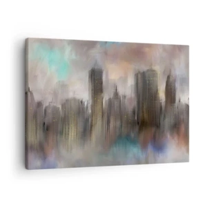 Cuadro sobre lienzo - Impresión de Imagen - Una visión artística de un paisaje urbano con rascacielos en colores pastel. - 70x50cm - Una composición de acero, piedra y niebla - Decoración de pared moderna para salón y dormitorio ARTTOR