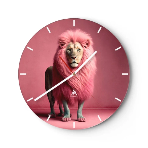 Reloj de pared - Reloj de vidrio - Un león con una melena intensamente rosa sobre un fondo del mismo color. - 30x30cm - Y ya no me tienes miedo - Decoración de pared moderna para salón, cocina y dormitorio ARTTOR