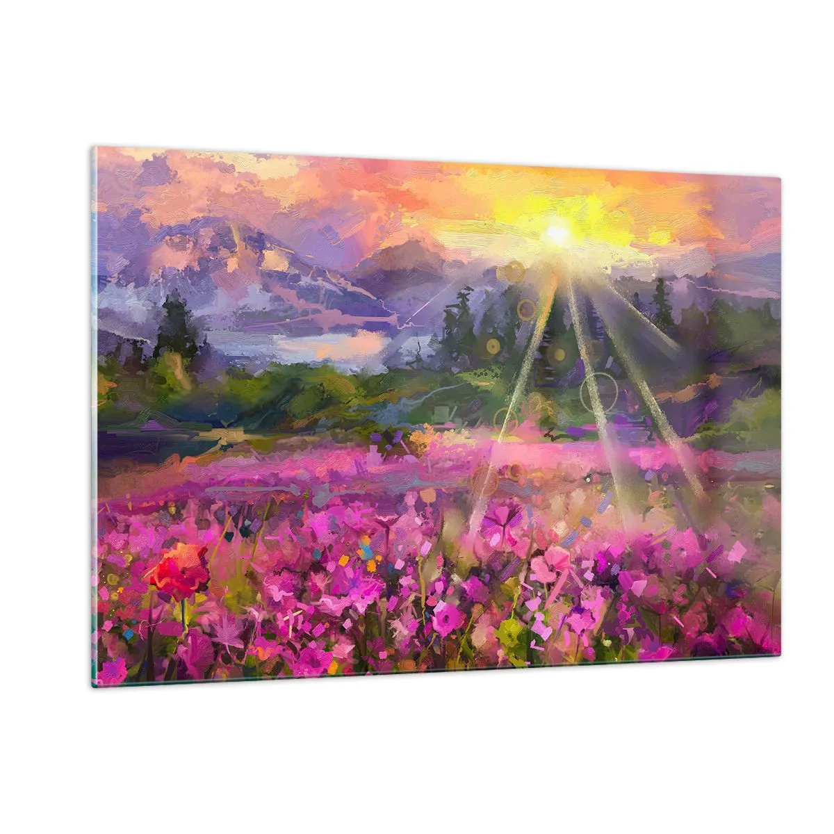 Cuadro sobre vidrio - Impresiones sobre Vidrio - Un pintoresco valle lleno de flores iluminado por los rayos del sol. - 120x80cm - En un valle bajo la protección del sol - Decoración de pared moderna para salón y dormitorio ARTTOR
