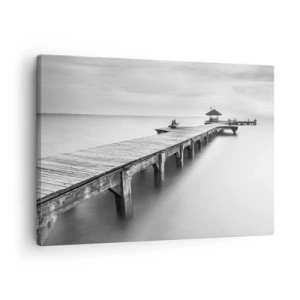 Cuadro sobre lienzo - Impresión de Imagen - Una vista en blanco y negro de un muelle de madera sobre aguas tranquilas. - 70x50cm - Lejos - Decoración de pared moderna para salón y dormitorio ARTTOR