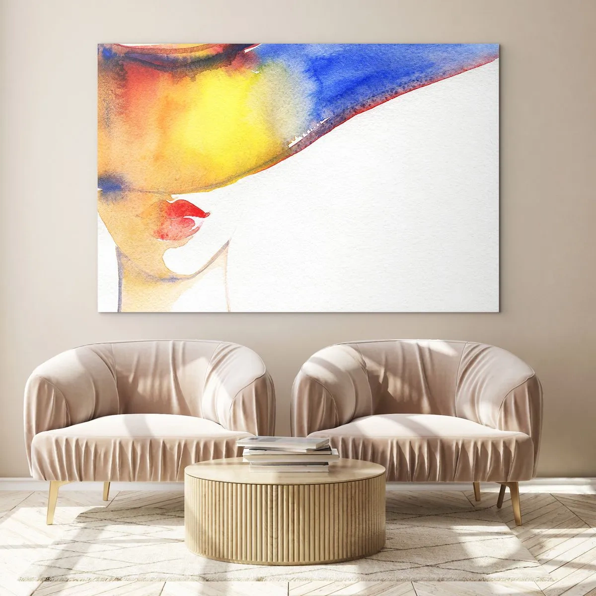 Cuadro sobre vidrio - Impresiones sobre Vidrio - Retrato de una mujer en abstracción de acuarela colorida - 100x70cm - Retrato de una dama    - Decoración de pared moderna para salón y dormitorio ARTTOR