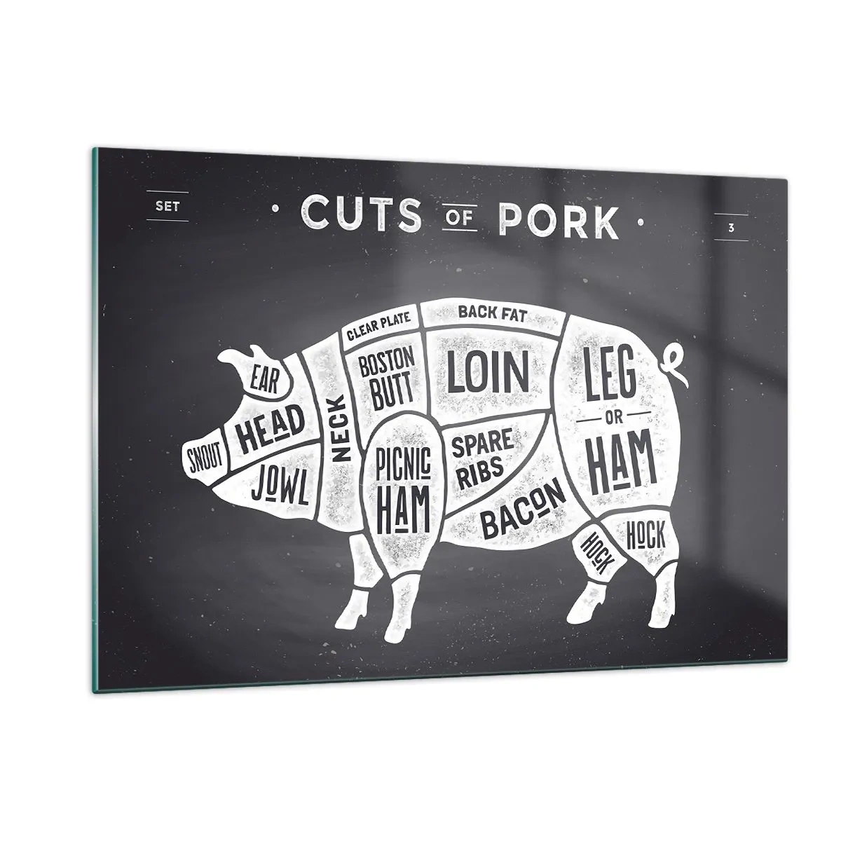 Cuadro sobre vidrio - Impresiones sobre Vidrio - Diagrama de cortes de cerdo en una pizarra - 120x80cm - Manual del carnicero - Decoración de pared moderna para salón y dormitorio ARTTOR