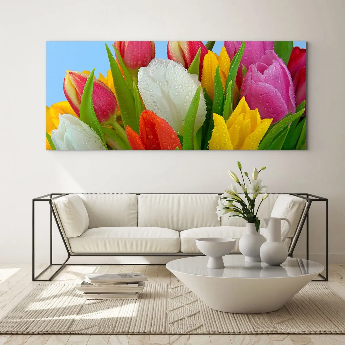 Cuadro sobre vidrio - Impresiones sobre Vidrio - Arco iris floral en gotas de rocío - 100x40 cm