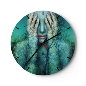 Reloj de pared - Reloj de vidrio - Un rostro de mujer en un bosque con árboles y un fondo verde. - 30x30cm - Sumergida en azul - Decoración de pared moderna para salón, cocina y dormitorio ARTTOR
