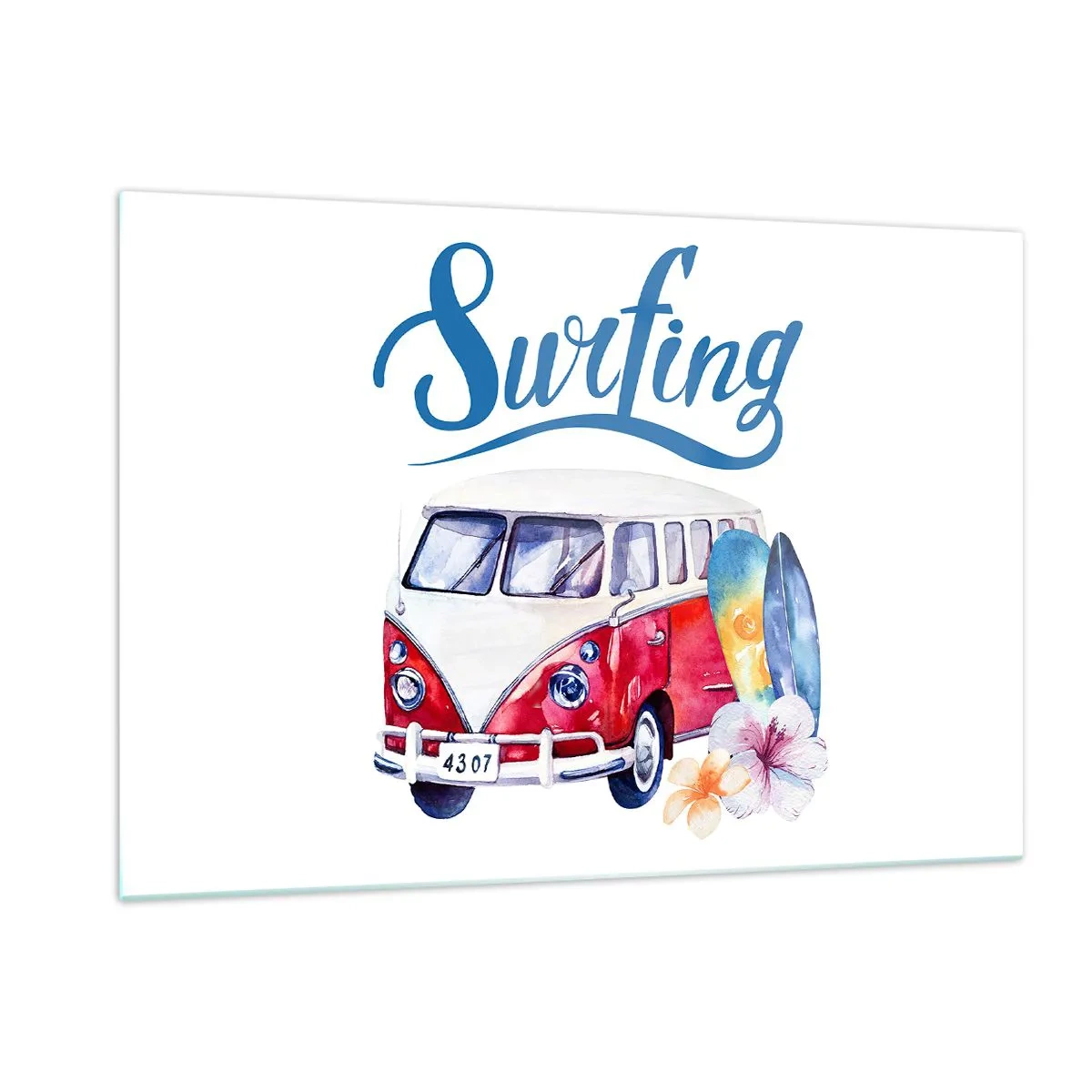 Cuadro sobre vidrio - Impresiones sobre Vidrio - Tema de surf con furgoneta y tablas. - 120x80cm - Un clásico para los surfistas - Decoración de pared moderna para salón y dormitorio ARTTOR