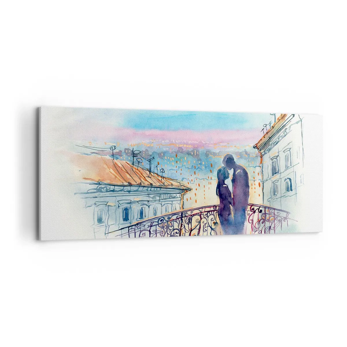 Cuadro sobre lienzo - Impresión de Imagen - Pareja romántica en un balcón con vistas a la ciudad. - 120x50cm - Los amantes de París - Decoración de pared moderna para salón y dormitorio ARTTOR