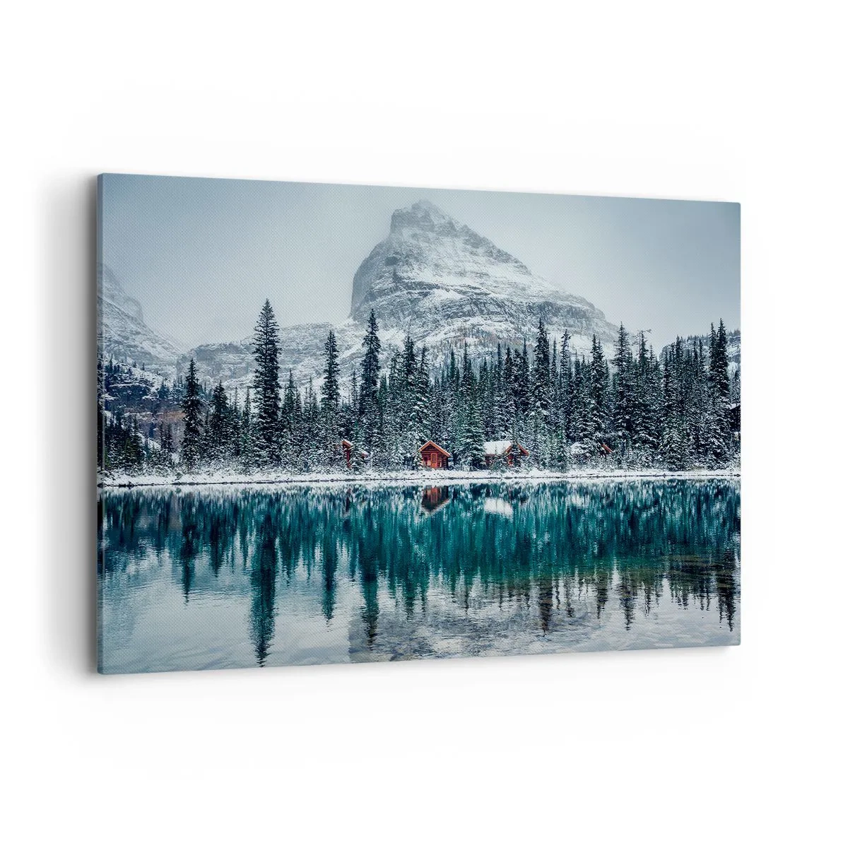 Cuadro sobre lienzo - Impresión de Imagen - Paisaje invernal con cabañas en el bosque junto a un lago congelado - 120x80cm - Retiro canadiense - Decoración de pared moderna para salón y dormitorio ARTTOR
