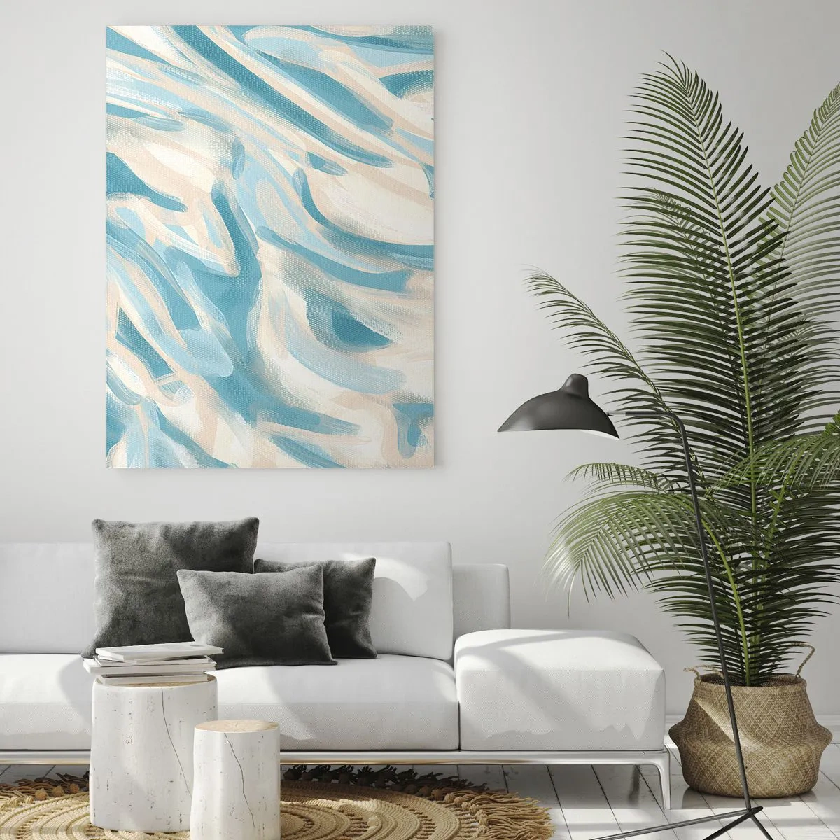Cuadro sobre vidrio - Impresiones sobre Vidrio - Rayas azules abstractas sobre un fondo claro - 80x120cm - Brisas primaverales - Decoración de pared moderna para salón y dormitorio ARTTOR