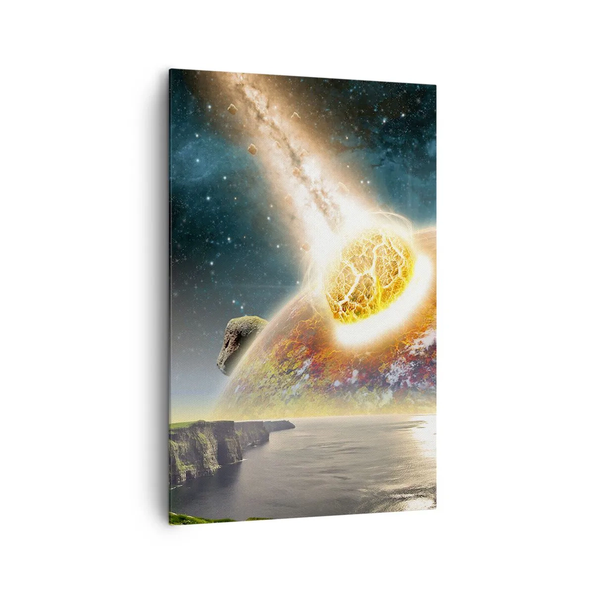 Cuadro sobre lienzo - Impresión de Imagen - Un meteorito choca con un planeta en un paisaje cósmico. - 80x120cm - Drama cósmico - Decoración de pared moderna para salón y dormitorio ARTTOR