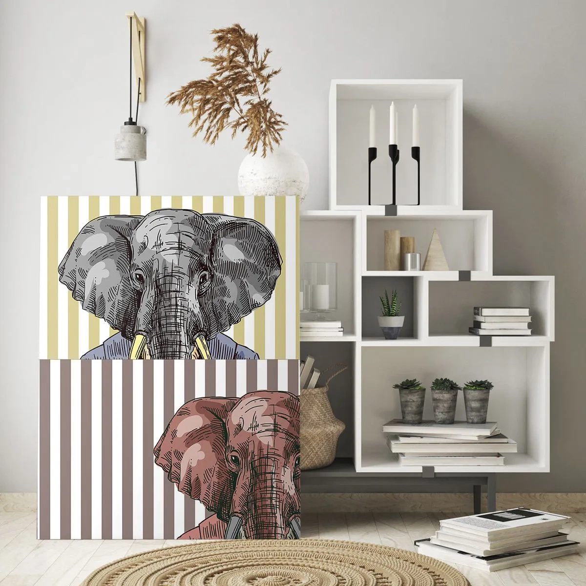 Cuadro sobre vidrio - Impresiones sobre Vidrio - Un elefante con traje sobre un fondo de rayas beige. - 70x100cm - Elegante por naturaleza - Decoración de pared moderna para salón y dormitorio ARTTOR