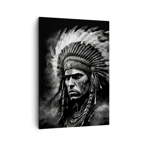 Cuadro sobre lienzo - Impresión de Imagen - Retrato de un jefe con un tocado de plumas sobre un fondo negro - 50x70cm - Líder y guerrero - Decoración de pared moderna para salón y dormitorio ARTTOR
