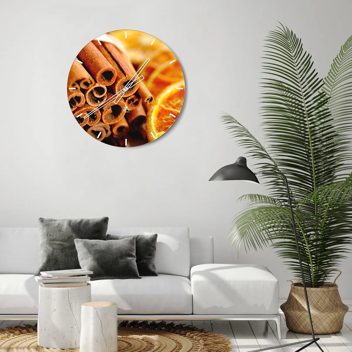 Reloj de pared - Reloj de vidrio - Palitos de canela y naranjas secas en tonos cálidos - 30x30cm - ¿Puedes oler su aroma? - Decoración de pared moderna para salón, cocina y dormitorio ARTTOR