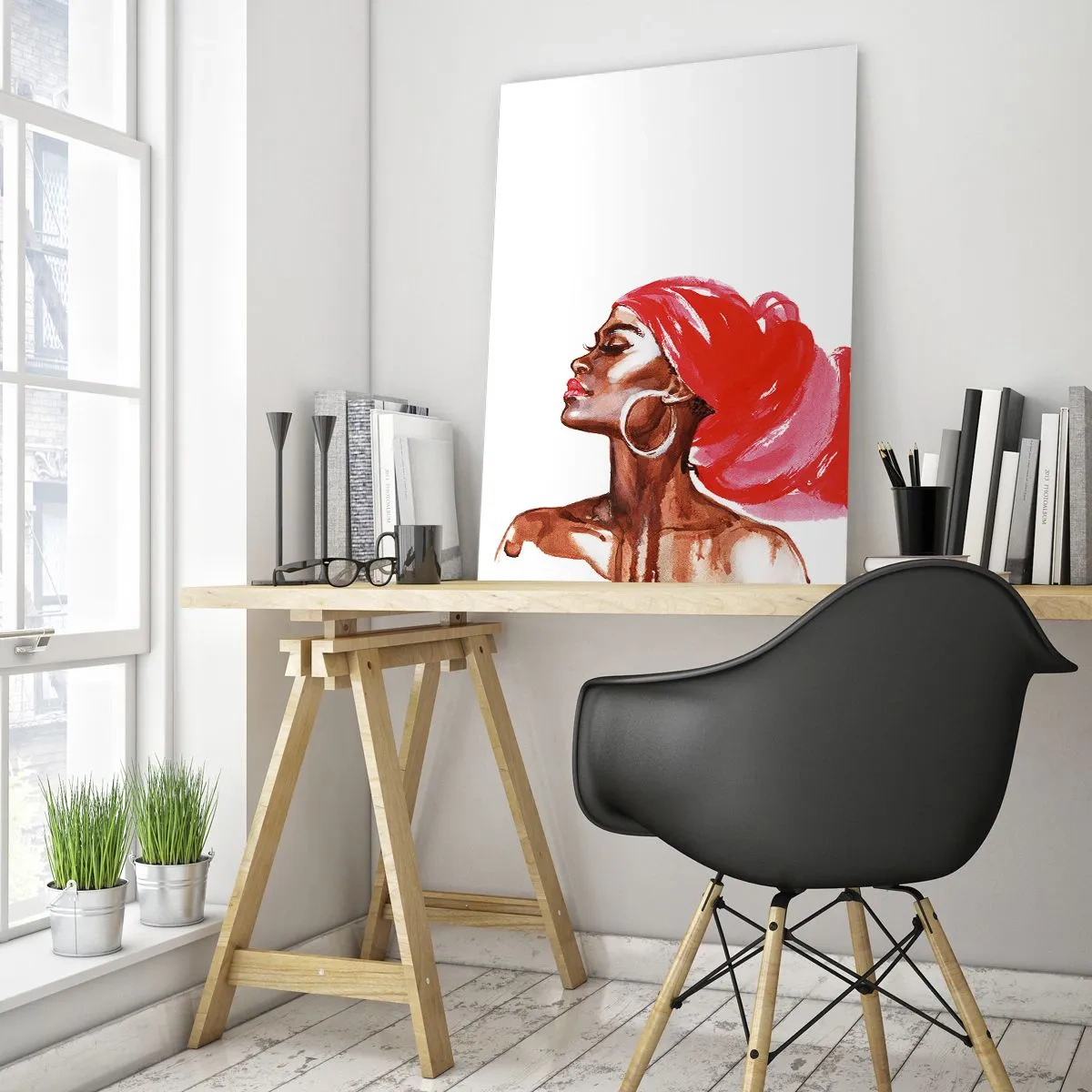 Cuadro sobre vidrio - Impresiones sobre Vidrio - Retrato en acuarela de una mujer con turbante rojo. - 50x70cm - Aroma que te hace sentir - Decoración de pared moderna para salón y dormitorio ARTTOR