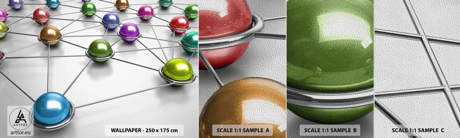 Muestra de fotomural Premium Sand - Una red cósmica - Abstracción, bolas de metal, 3D - 100x30 cm