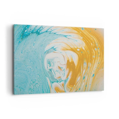 Cuadro sobre lienzo - Impresión de Imagen - Ondas abstractas en tonos azules y dorados sobre lienzo. - 100x70cm - Remolino pastel - Decoración de pared moderna para salón y dormitorio ARTTOR