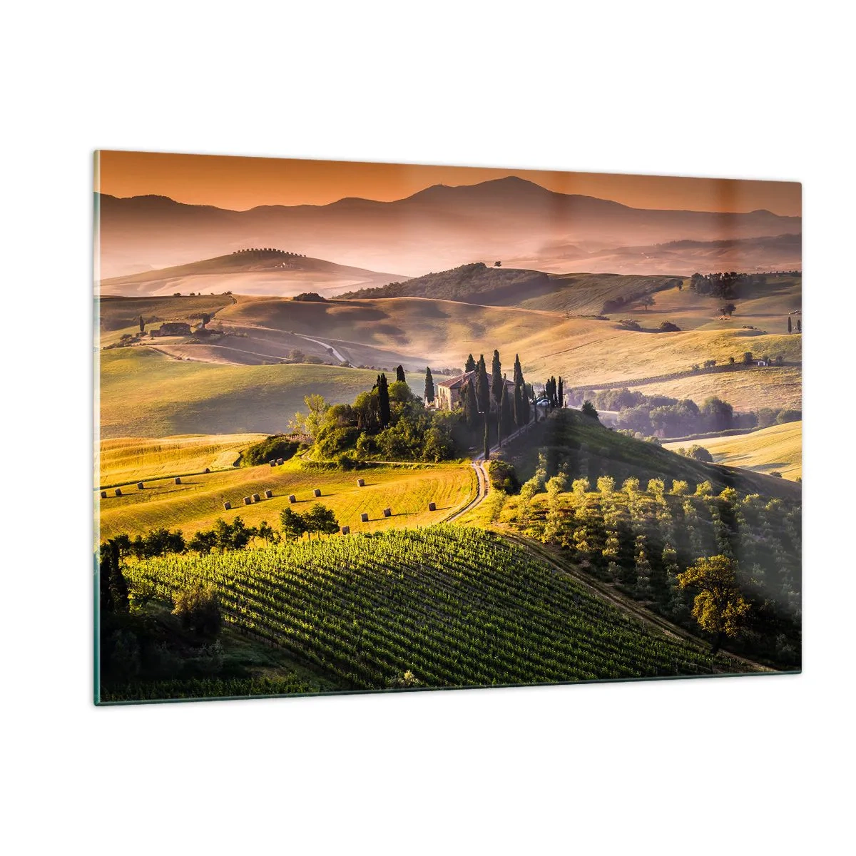 Cuadro sobre vidrio - Impresiones sobre Vidrio - Paisaje toscano al amanecer - 120x80cm - Paisaje toscano - Decoración de pared moderna para salón y dormitorio ARTTOR