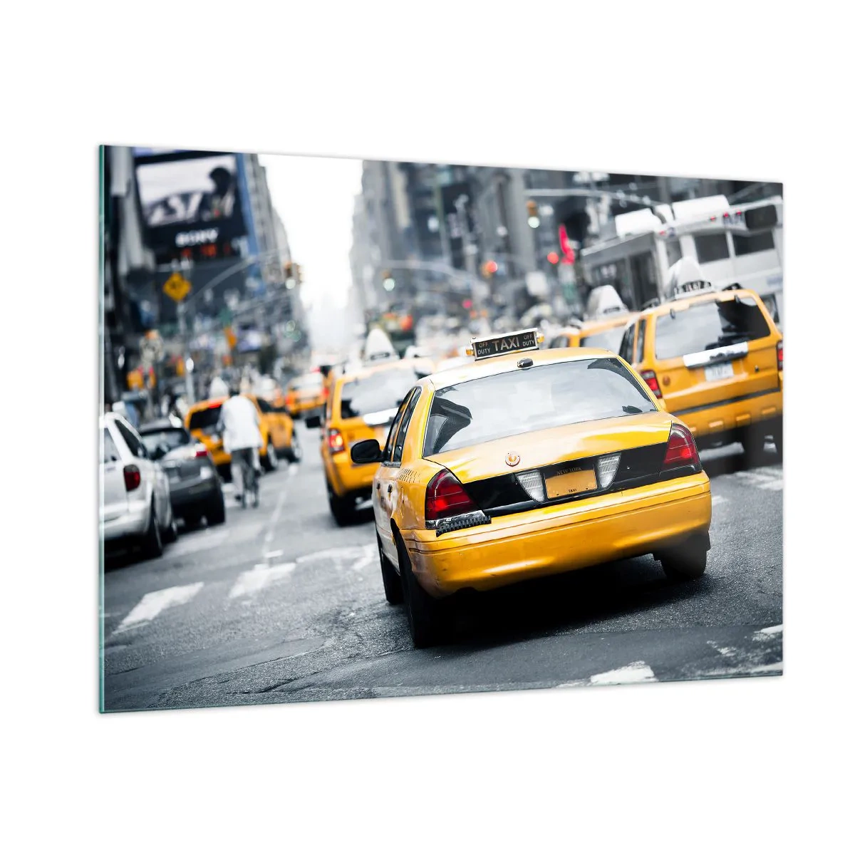 Cuadro sobre vidrio - Impresiones sobre Vidrio - Taxis amarillos en las calles de Nueva York en el bullicio de la ciudad. - 100x70cm - Solo en esta ciudad - Decoración de pared moderna para salón y dormitorio ARTTOR