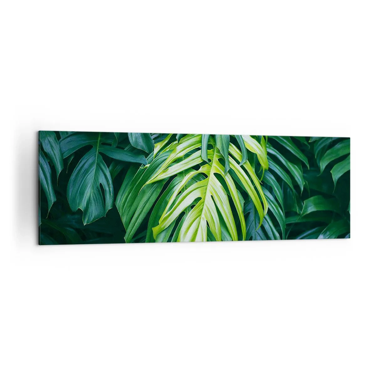 Cuadro sobre lienzo - Impresión de Imagen - Hojas verdes en un denso arreglo tropical. - 160x50cm - Sumérjase en la frescura - Decoración de pared moderna para salón y dormitorio ARTTOR