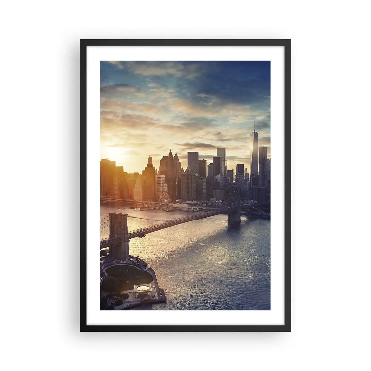 Póster en marco negro - Vista de Manhattan al atardecer con el puente de Brooklyn - 50x70cm - Un monumento a la cultura occidental - Decoración de pared moderna para salón y dormitorio ARTTOR