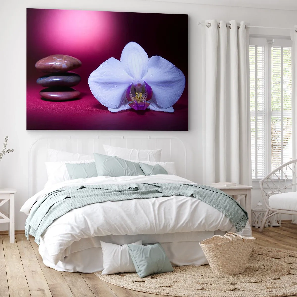 Cuadro sobre lienzo - Impresión de Imagen - Orquídea blanca y piedras sobre fondo rosa. - 70x50cm - Estudio de frescura en violeta - Decoración de pared moderna para salón y dormitorio ARTTOR